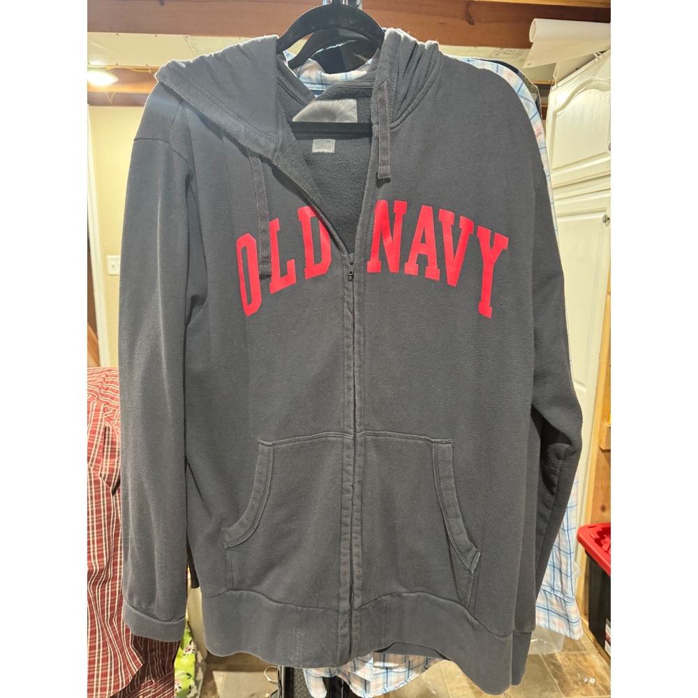 Old‎ Navy Mens XL Zip Up Hoodie Charcoal Gray Red Logo Fleece Sweatshirt